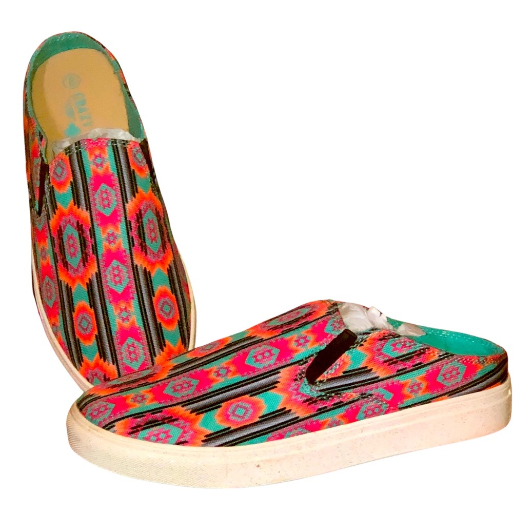 New in box SUNSET SLIDES SLIP ON SHOES NEON AZTEC glitter in rubber soles sz 8